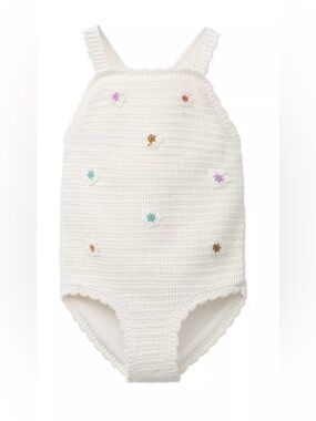 Zara White Crochet One-Piece with Multicolor Floral Accents, Size 4